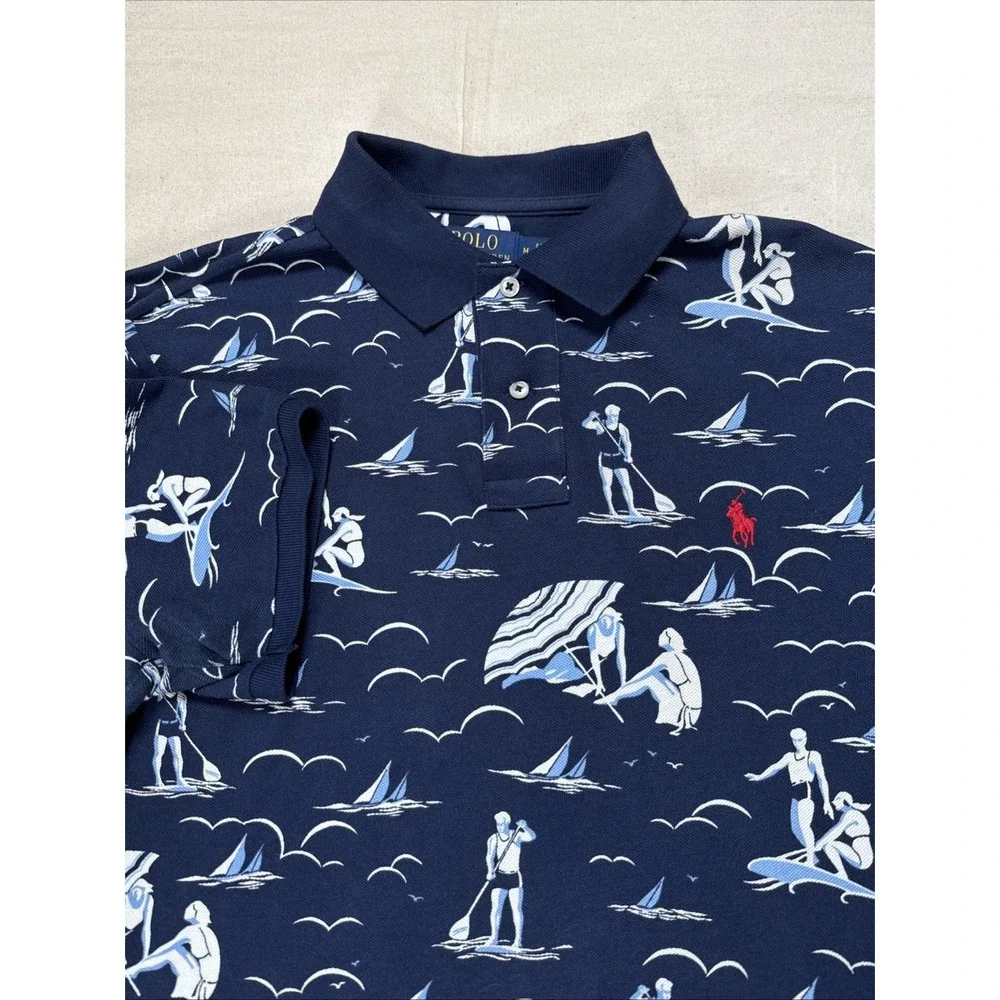 Polo Ralph Lauren Mens XL Navy Blue Swimmer Surfer Shirt Mesh All Over Print